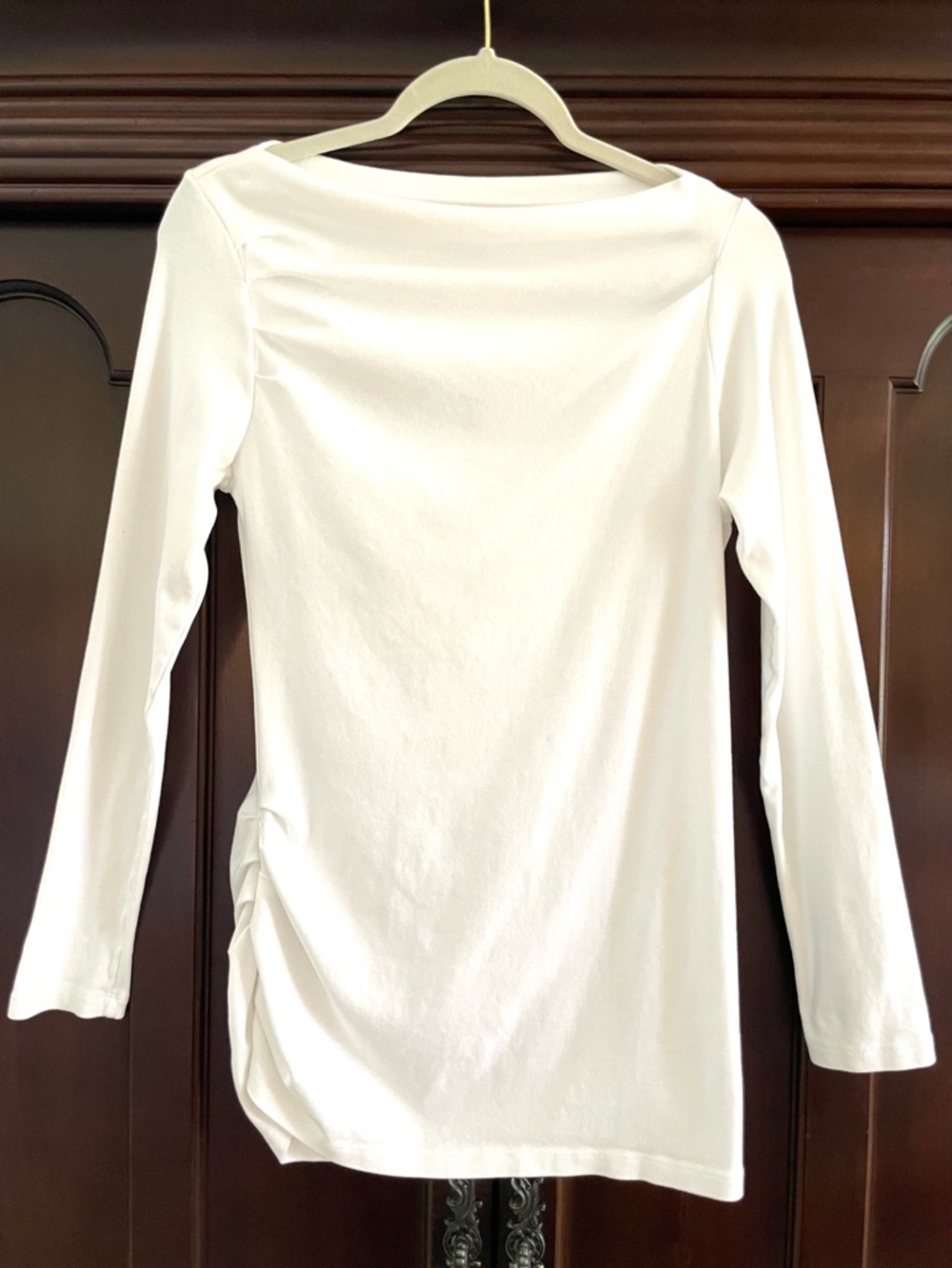Jarbo Women's Large Pima Cotton White Long-Sleeve Boatneck Stretch Top Ruching